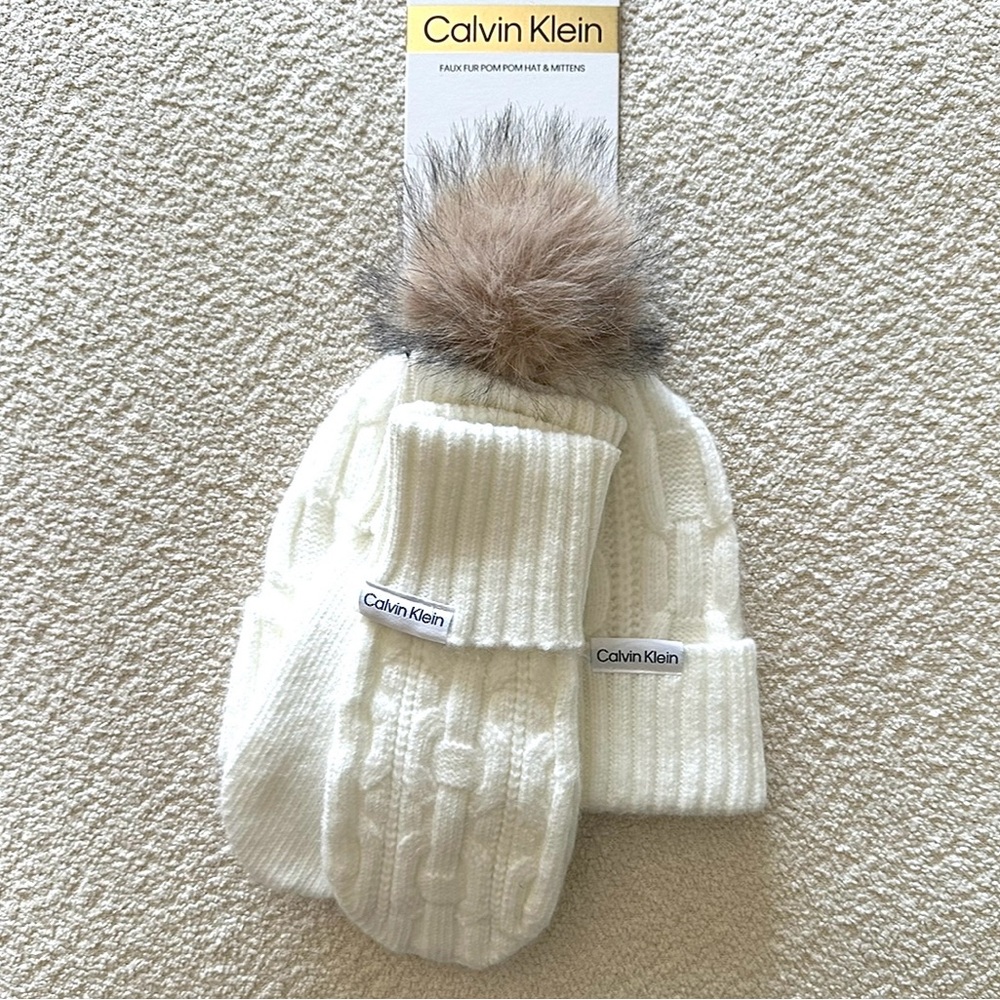 Calvin Klein Hat & Mittens Set White With Tan & Black Pom Pom NEW WITH TAGS